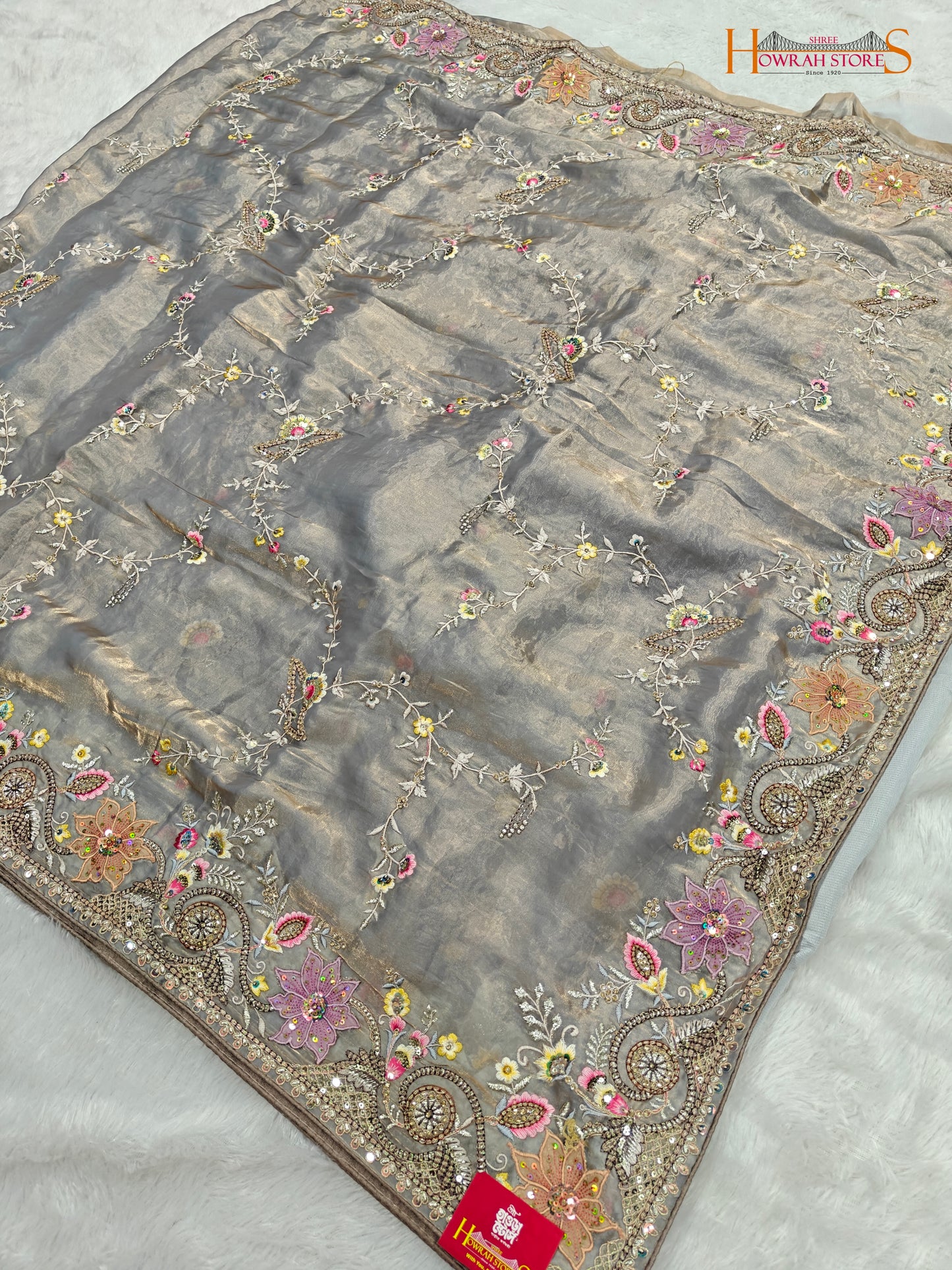 Tissue Organza Saree with Hand Embroidery
