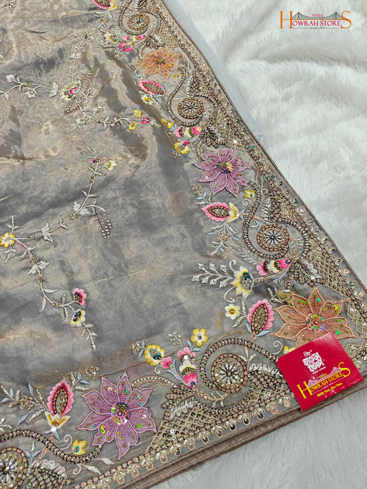 Tissue Organza Saree with Hand Embroidery