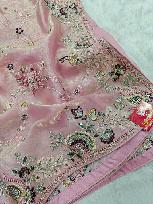 Tissue Organza Saree with Hand Embroidery