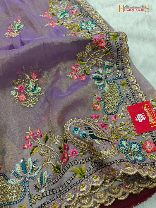 Tissue Organza Saree with Hand Embroidery