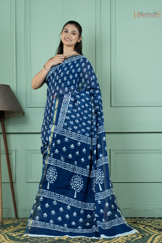 Indigo Mulmul Cotton Saree – Effortless Elegance
