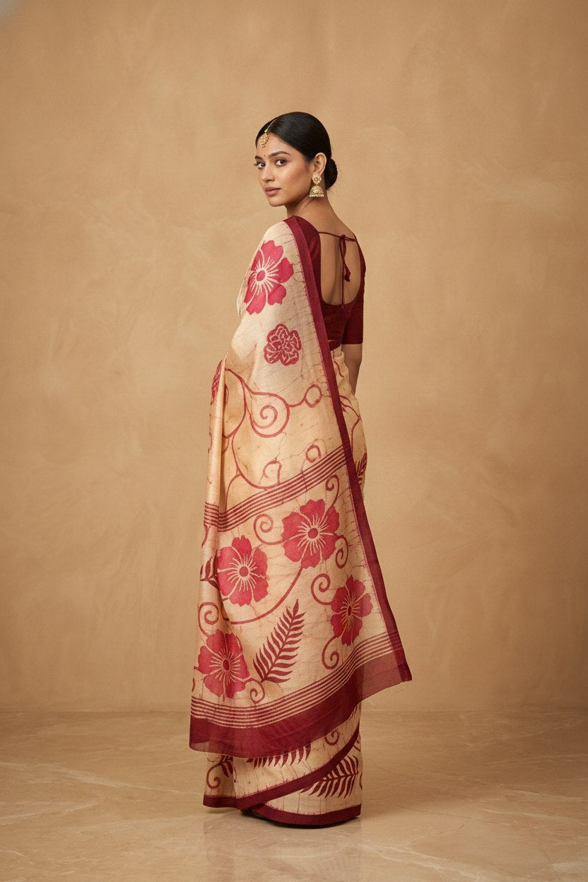 Hand Batik Chanderi Cotton Silk Saree in Red Cream
