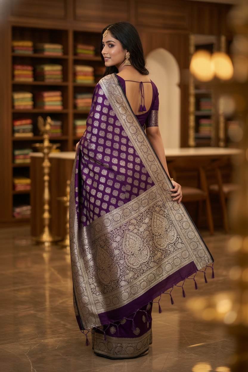 Aubergine Khaddi Crepe Silk Banarasi-Style Saree with Contrast Zari Pallu