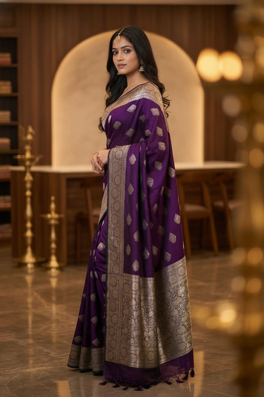 Aubergine Khaddi Crepe Silk Banarasi-Style Saree with Contrast Zari Pallu