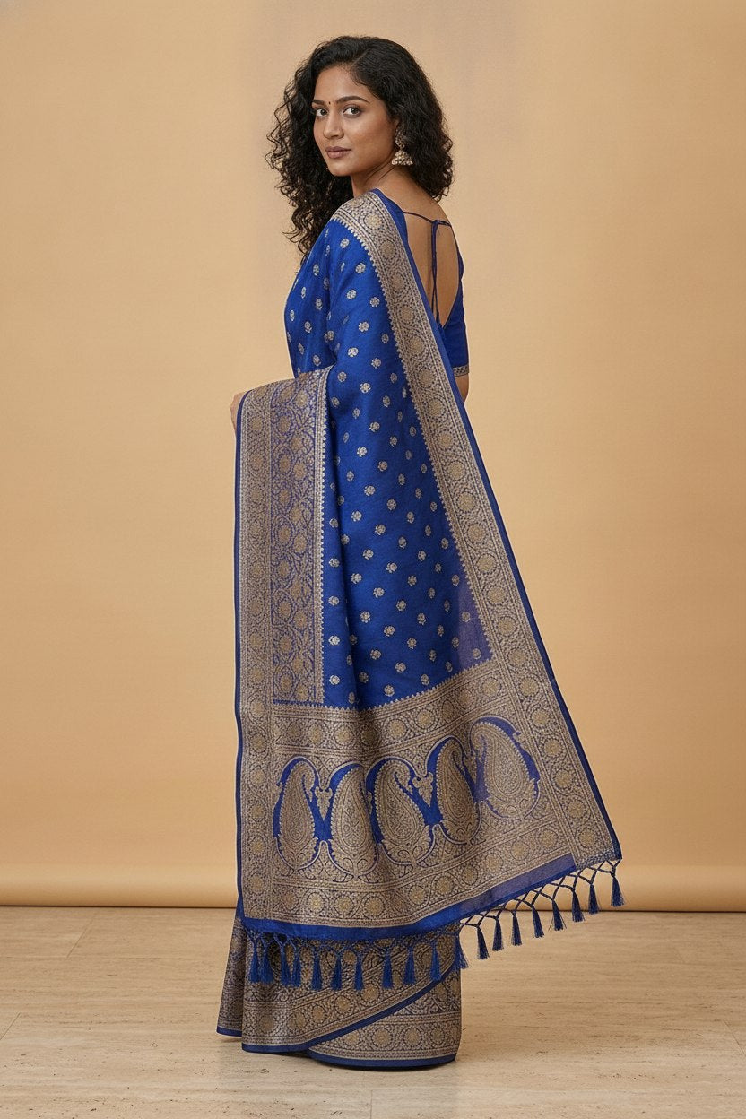 Water Zari Butta Khaddi Crepe Silk Saree with Rich Zari Pallu in Royal Blue