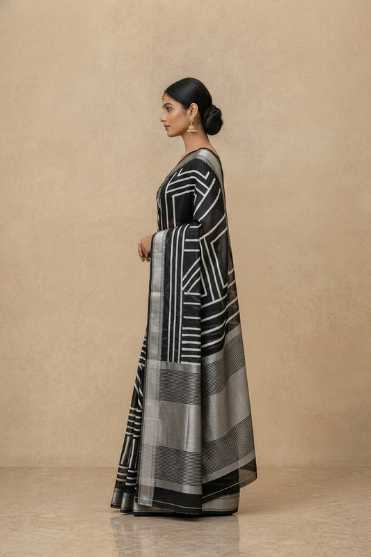 Printed Chanderi-Style Cotton Silk Saree in Black White