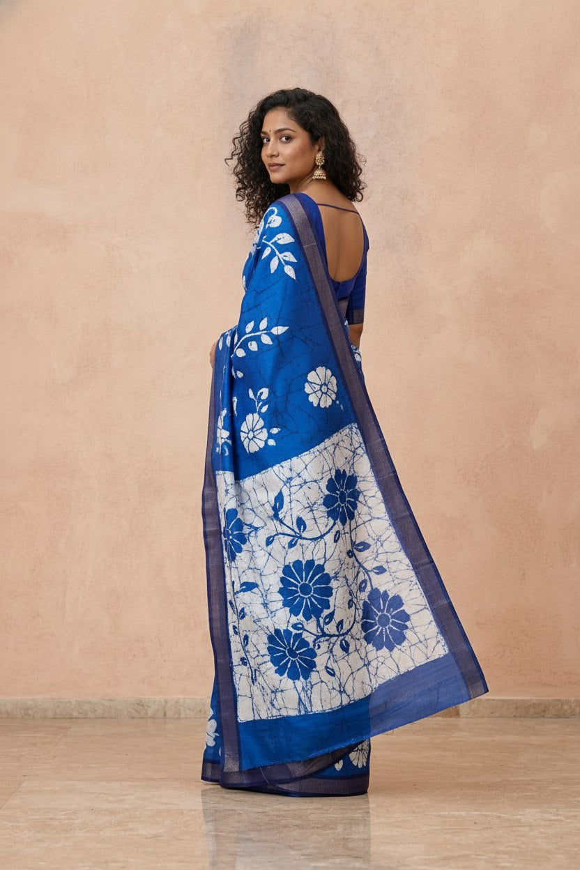 Printed Murshidabad Pure Silk Saree in Royal Blue