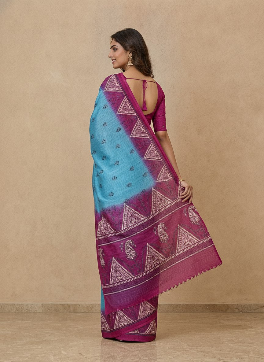 Printed Pure Matka Silk Saree with Contrast Border in Sky Blue