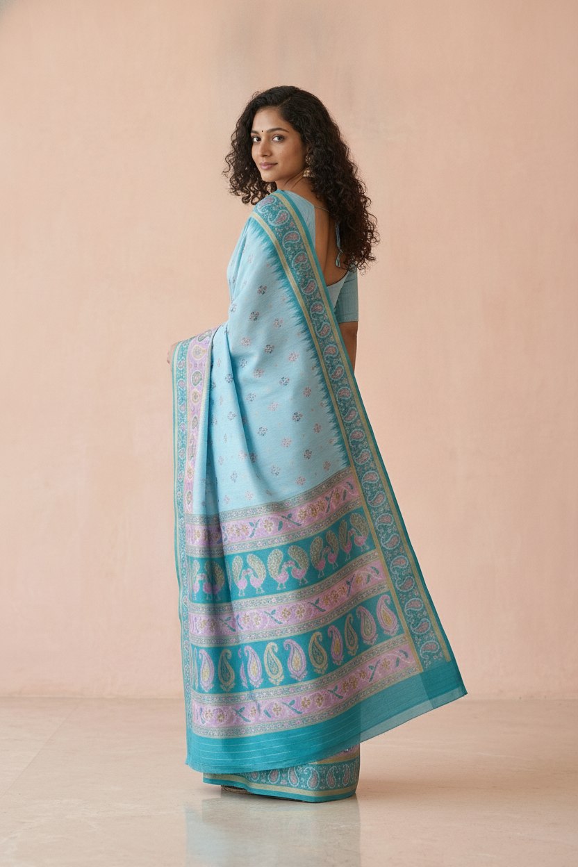 Ikkat-Inspired Resham Woven Cotton Silk Saree in Sky Blue
