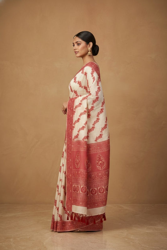 Resham Woven White and Red Linen Silk Saree in White Red