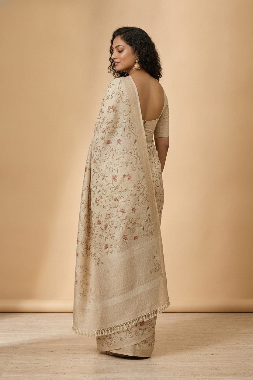 Katha Embroidered Linen Silk Saree in Beige