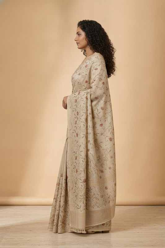 Katha Embroidered Linen Silk Saree in Beige
