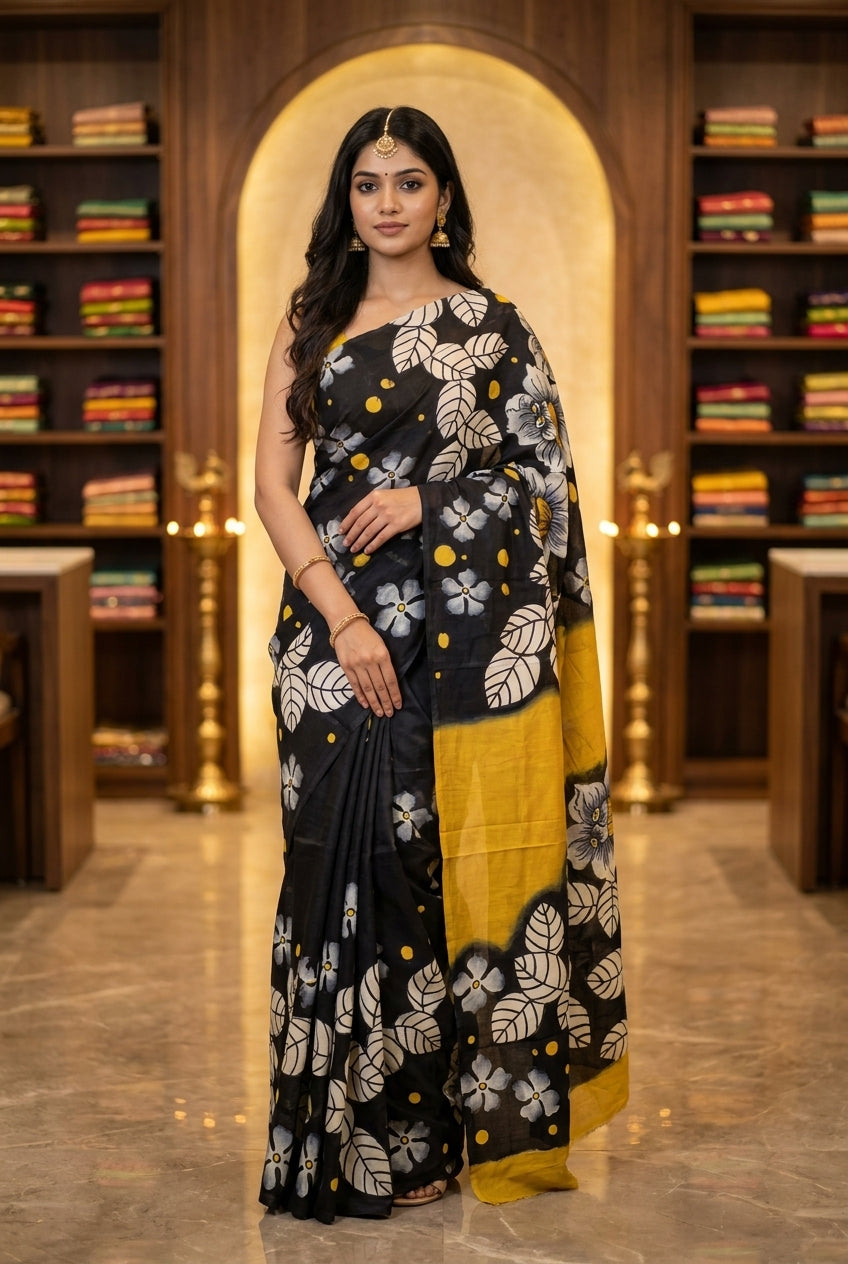 'Midnight Bloom' Black Hand-Painted Pure Katan Silk Saree