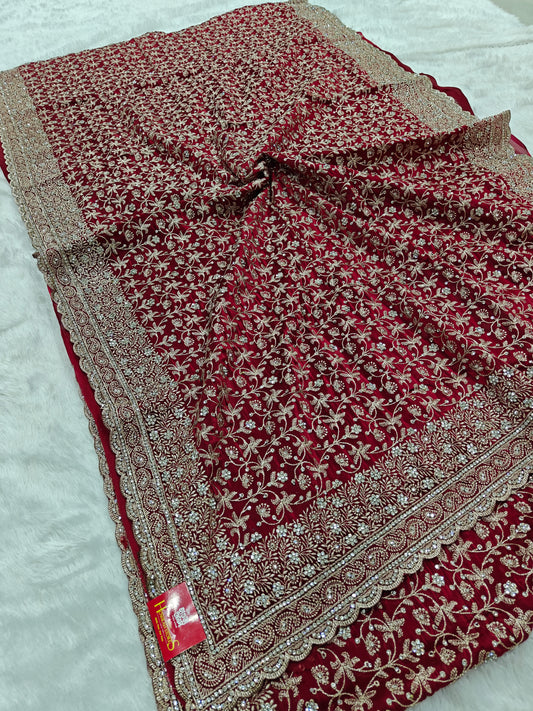 Satin Georgette Saree with Zircon Jaal – Elegance That Shines