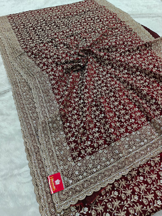 Satin Georgette Saree with Zircon Jaal Work – Sparkle Meets Sophistication