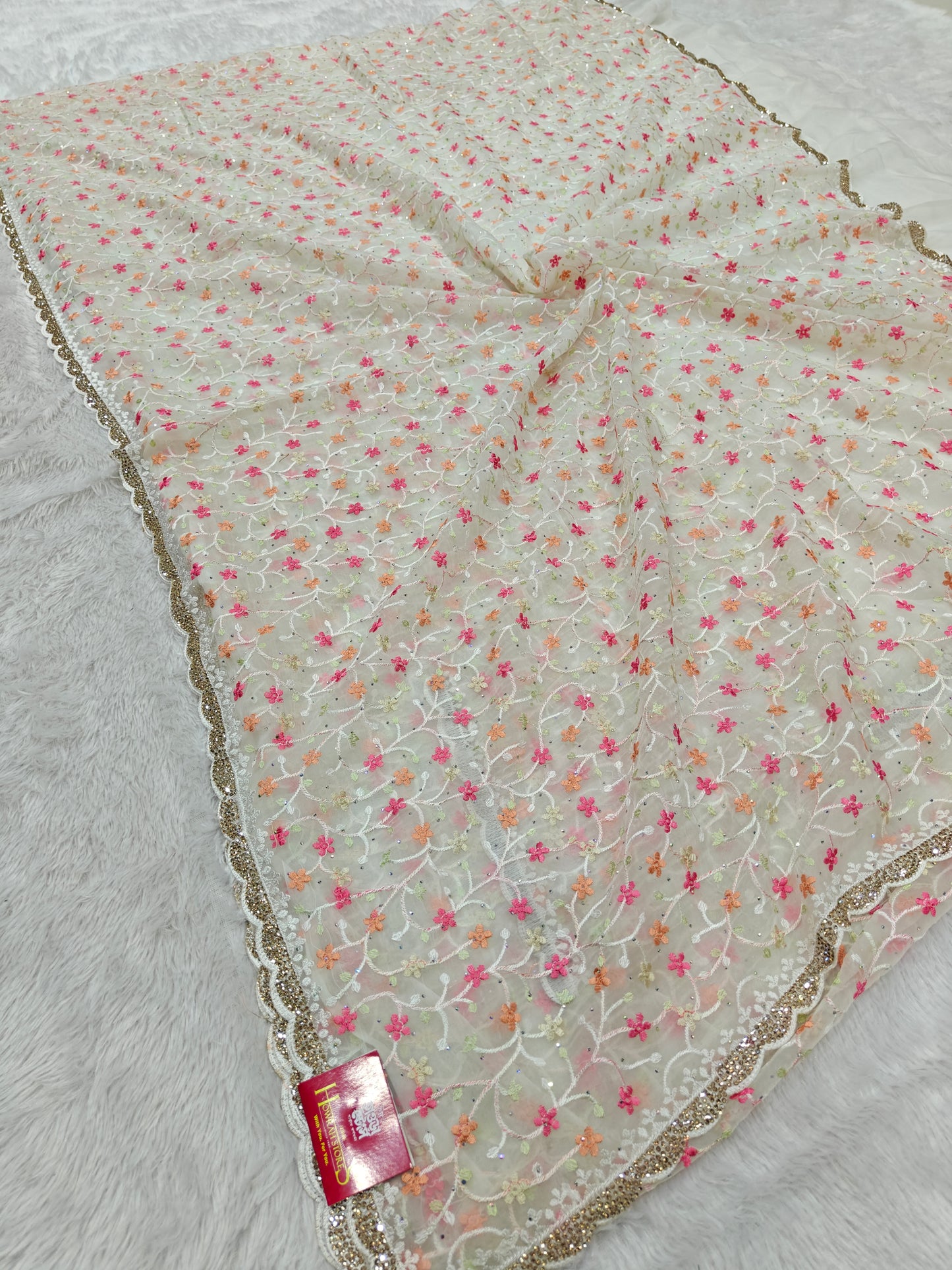 Parsi Embroidery on Organza Silk Saree