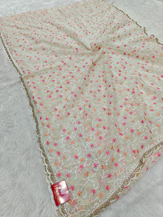 Parsi Embroidery on Organza Silk Saree