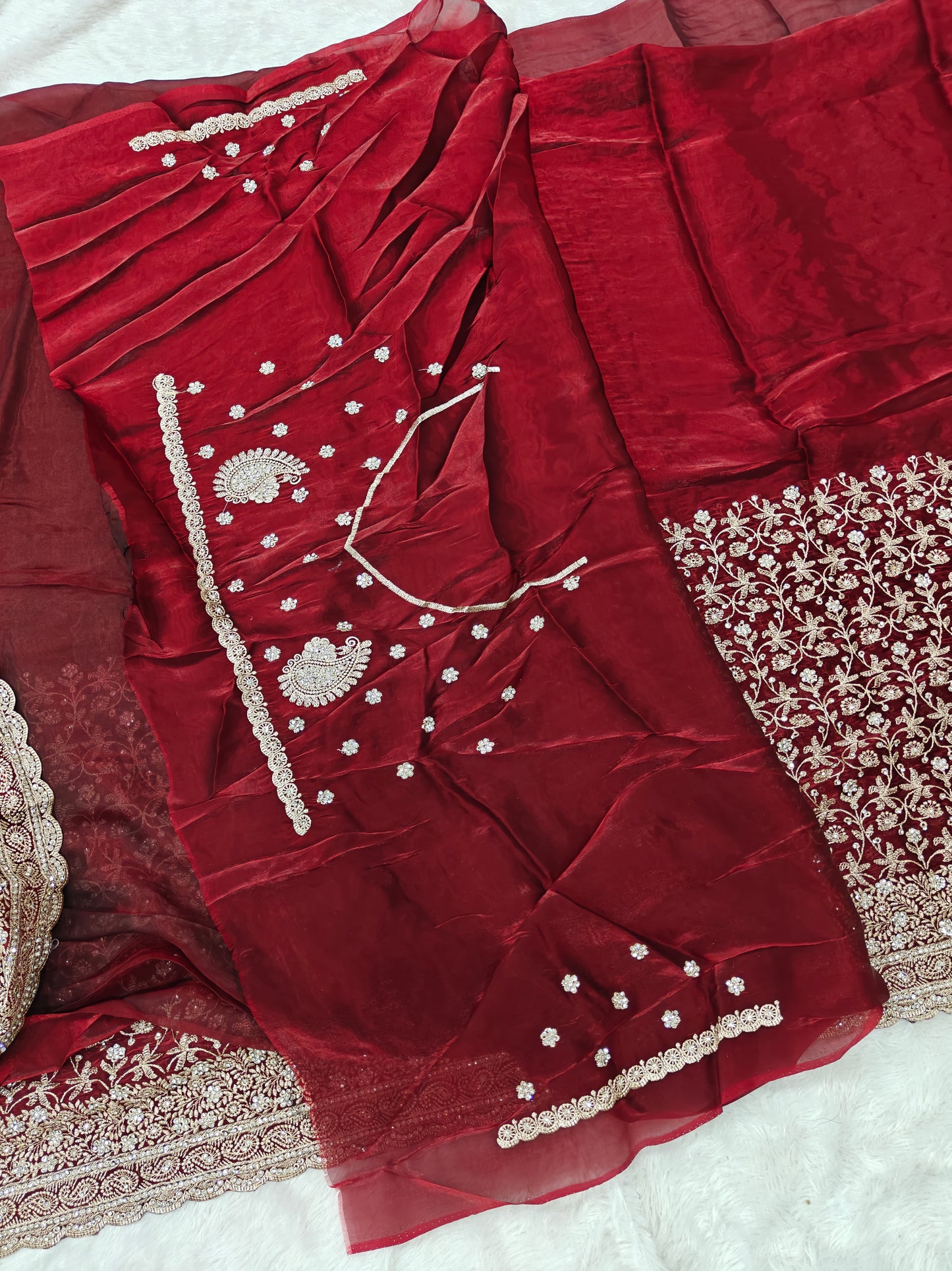 Satin Georgette Saree with Zircon Jaal Work – Sparkle Meets Sophistication