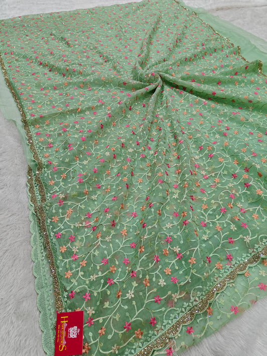Parsi Embroidery on Organza Silk Saree