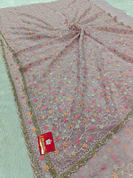 Parsi Embroidery on Organza Silk Saree