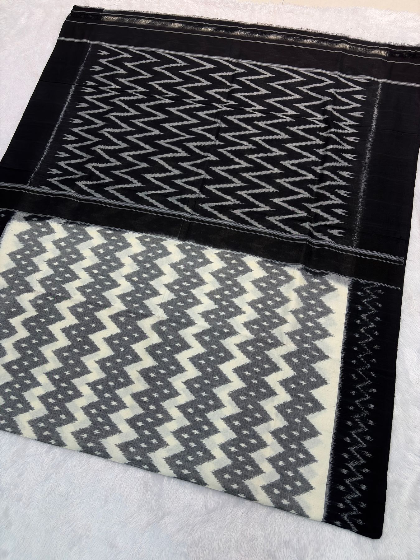 Black and ivory Pochampally ikkat with soft-edged chevrons