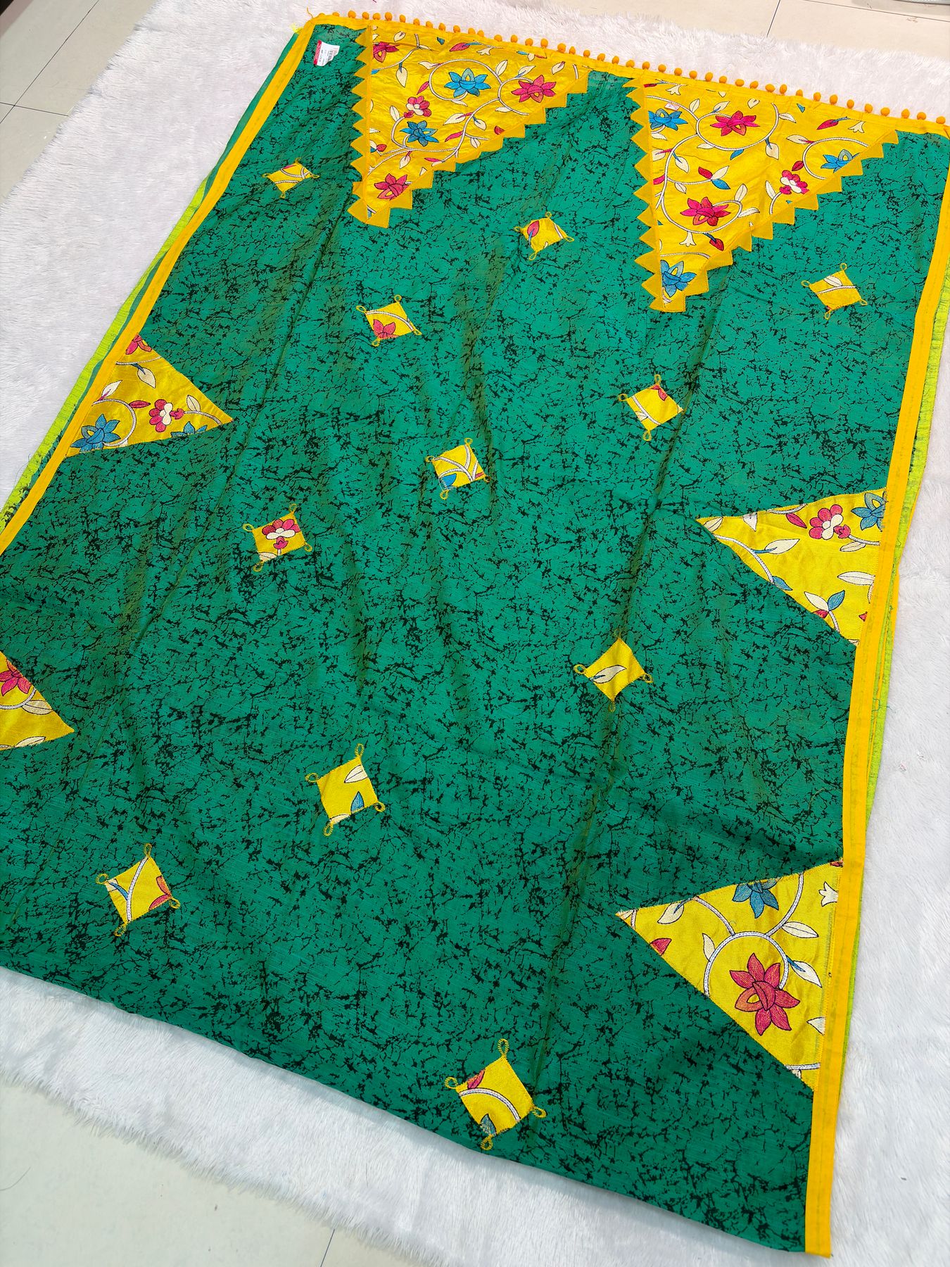 Kantha applique patchwork with triangular patches and mirror work