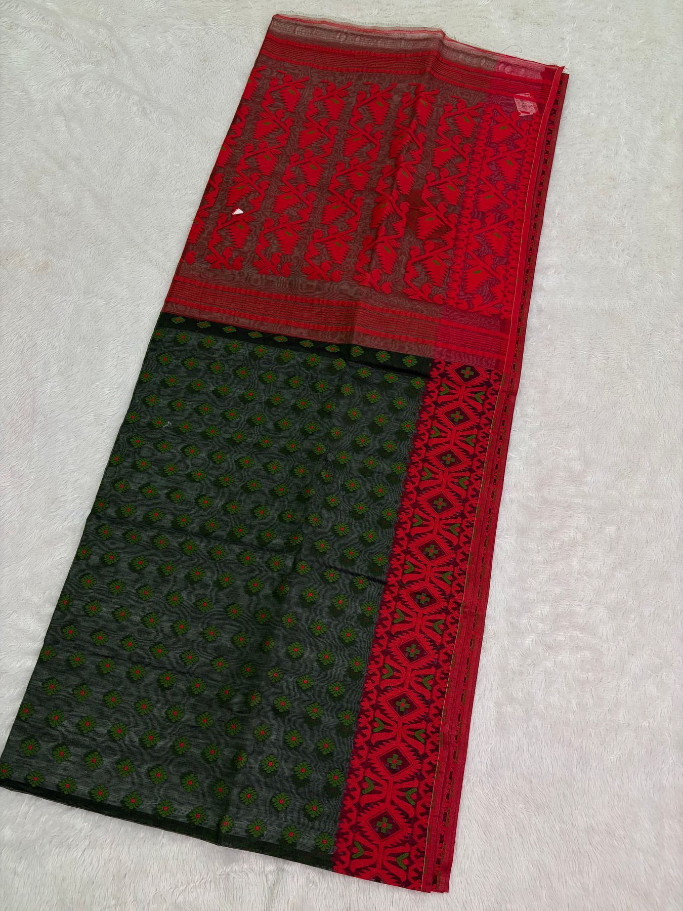 Deep red and bottle green resham dhakai jamdani