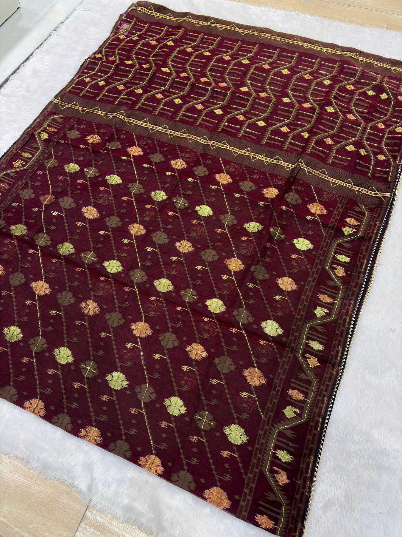 Maroon dhakai jamdani with hand katdana beadwork