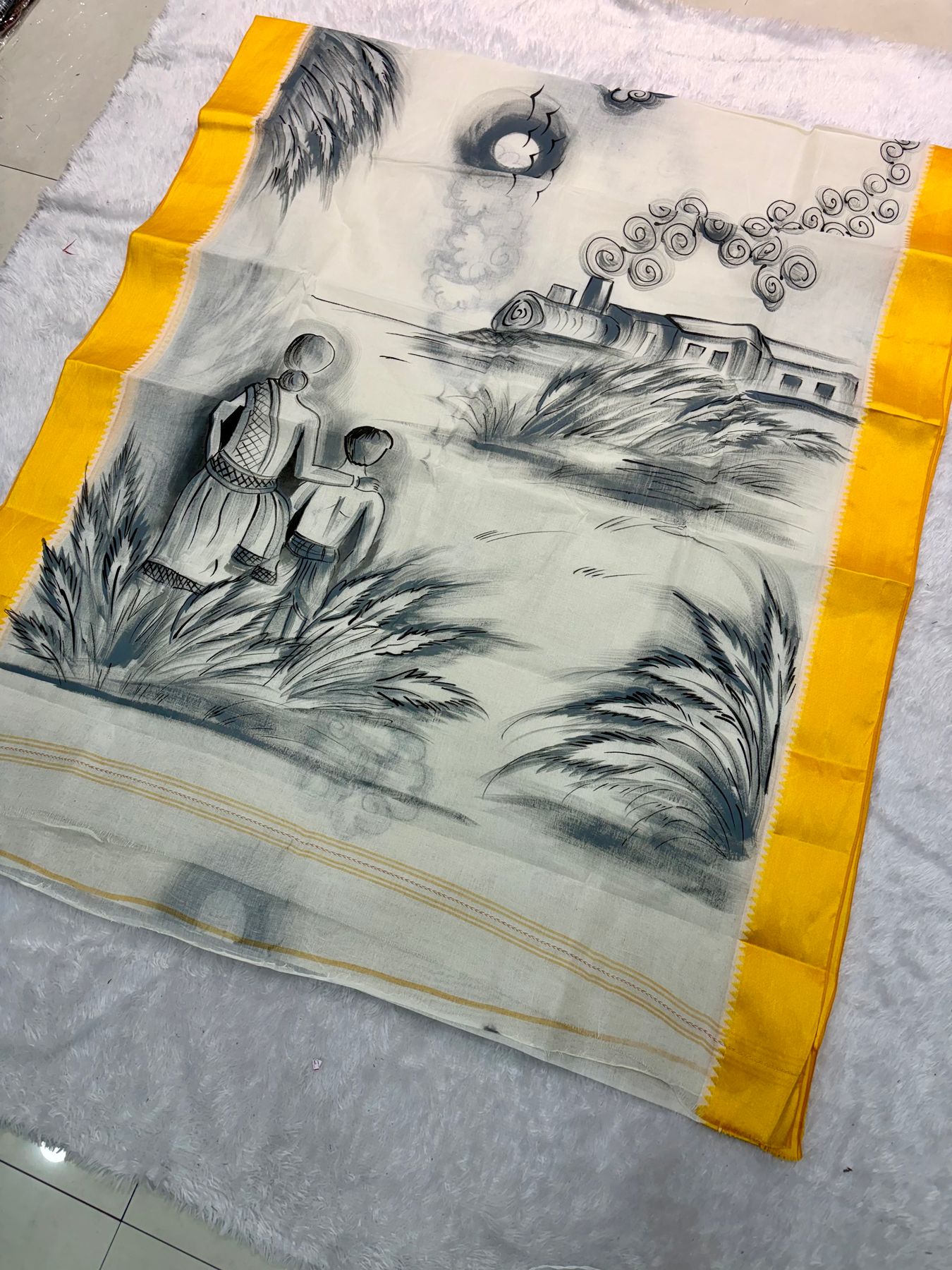 Hand-painted saree with a greyscale village scene
