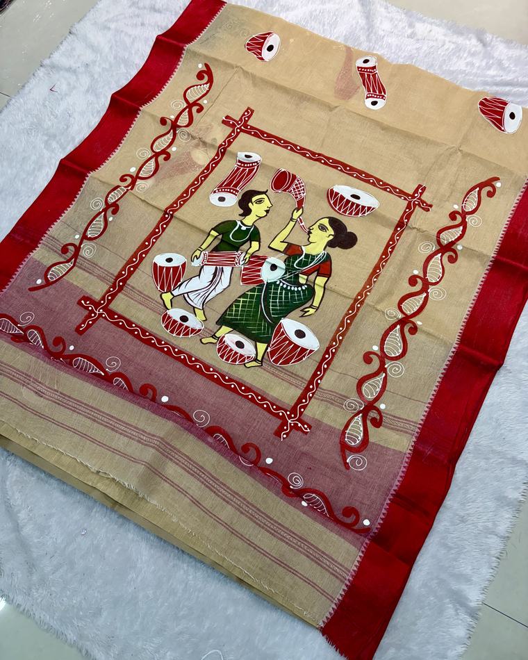 Beige Red Hand-Painted Bengal Tant Saree · Dancers