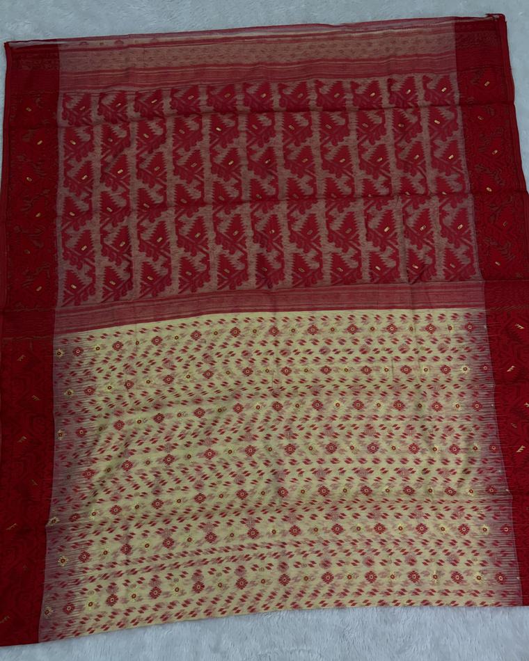 Maroon Cream Soft Dhakai Jamdani Saree with Ikkat Border