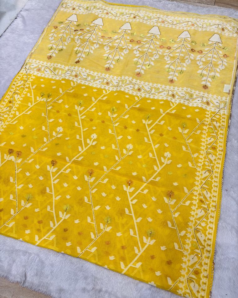 Yellow Gold Hand Katdana Dhakai Jamdani Saree