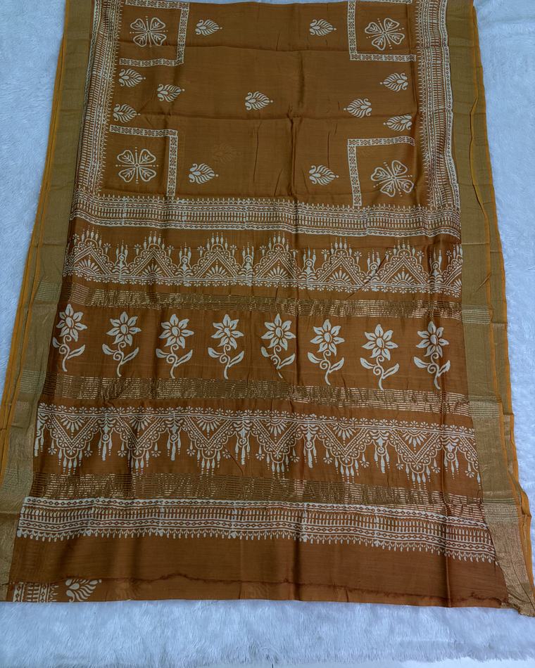 Mustard Gold Hand Block Chanderi Cotton Saree