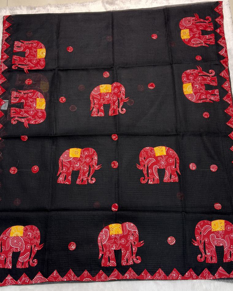 Black Red Kota Cotton Saree with Applique Elephants