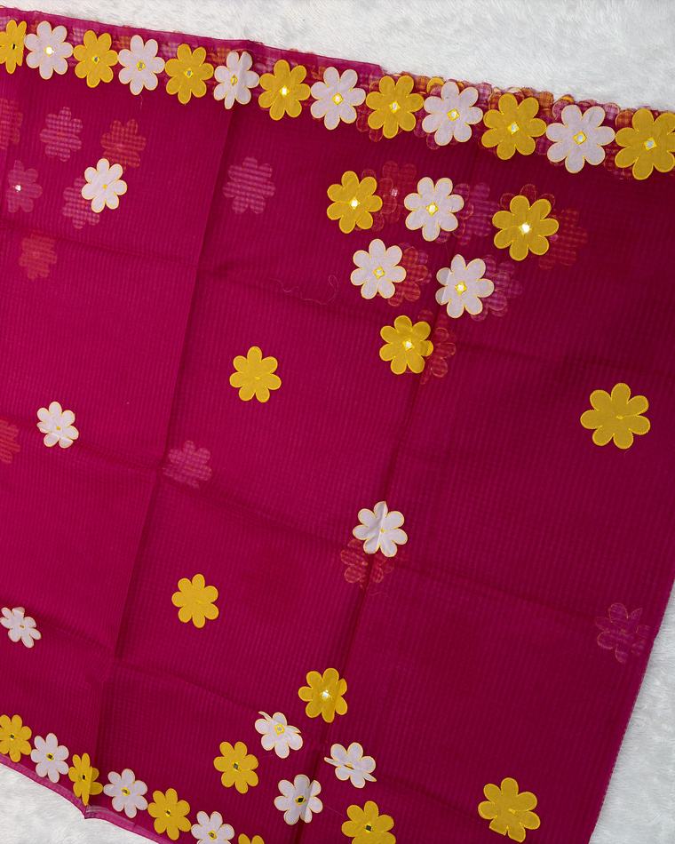 Magenta Multi Kota Cotton Saree with Applique Flowers