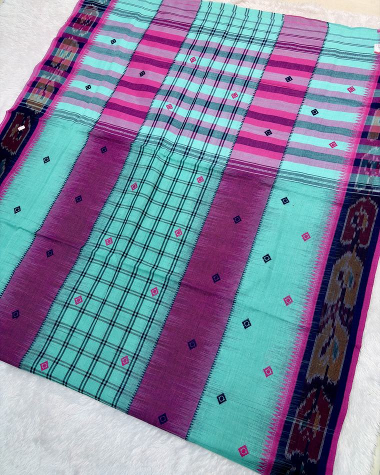 Teal Purple Begumpuri Khadi Cotton Saree with Ikat Bands