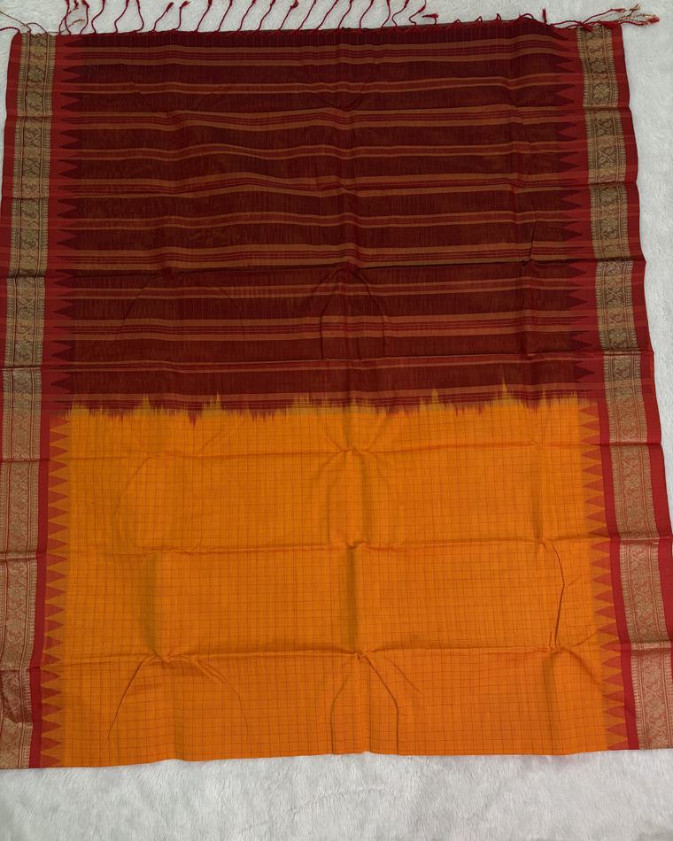 Maroon Orange Rajshahi Cotton Saree with Ghatchola Katha Work