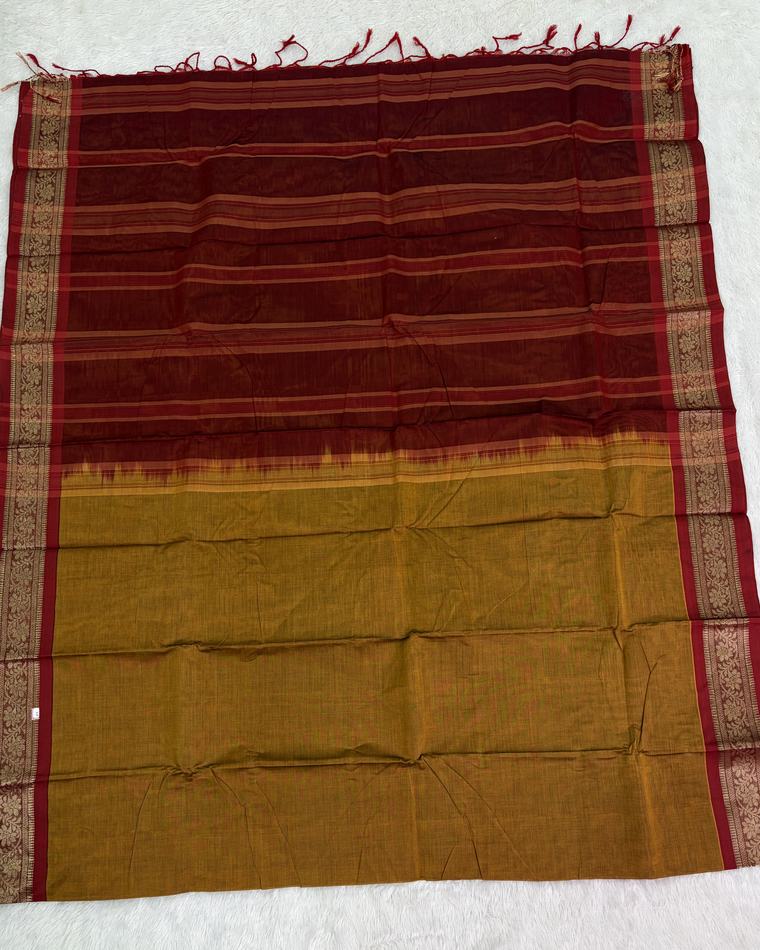 Maroon Mustard Rajshahi Cotton Saree with Gadwal Jacquard Border