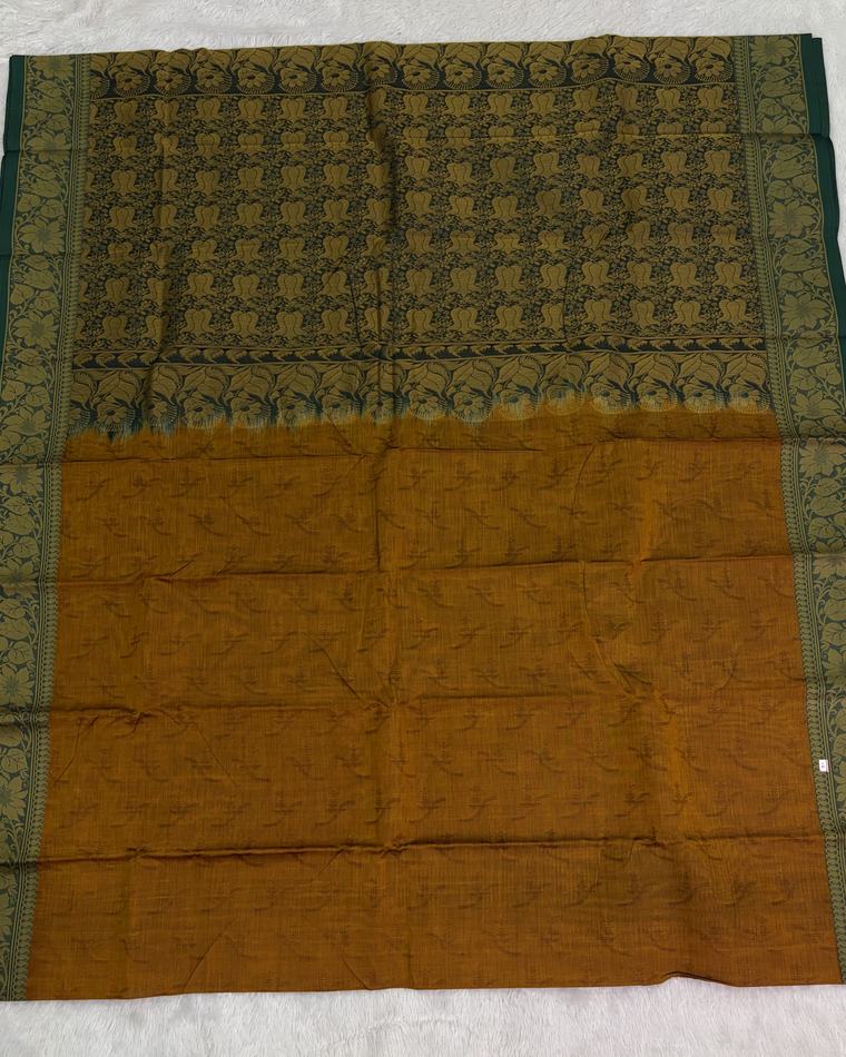 Green Mustard Tanchoi Work Cotton Saree with Jacquard Border