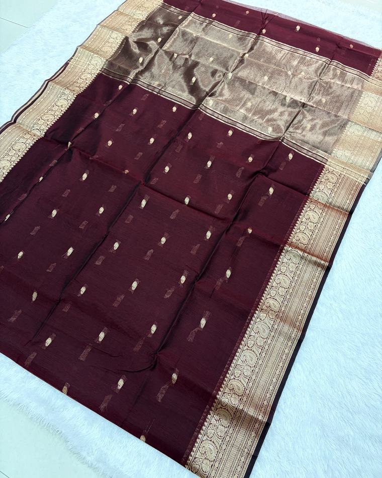 Maroon Gold Maheshwari Silk Saree with All-Over Buttis