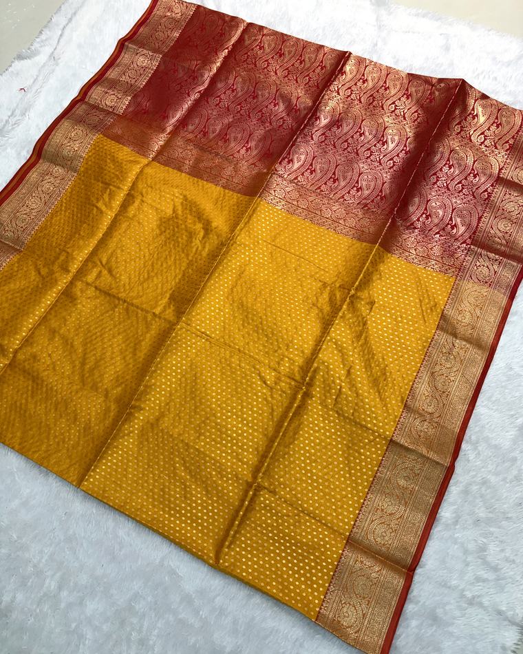 Mustard Red Banarasi Katan Saree with Tanchoi Buttis