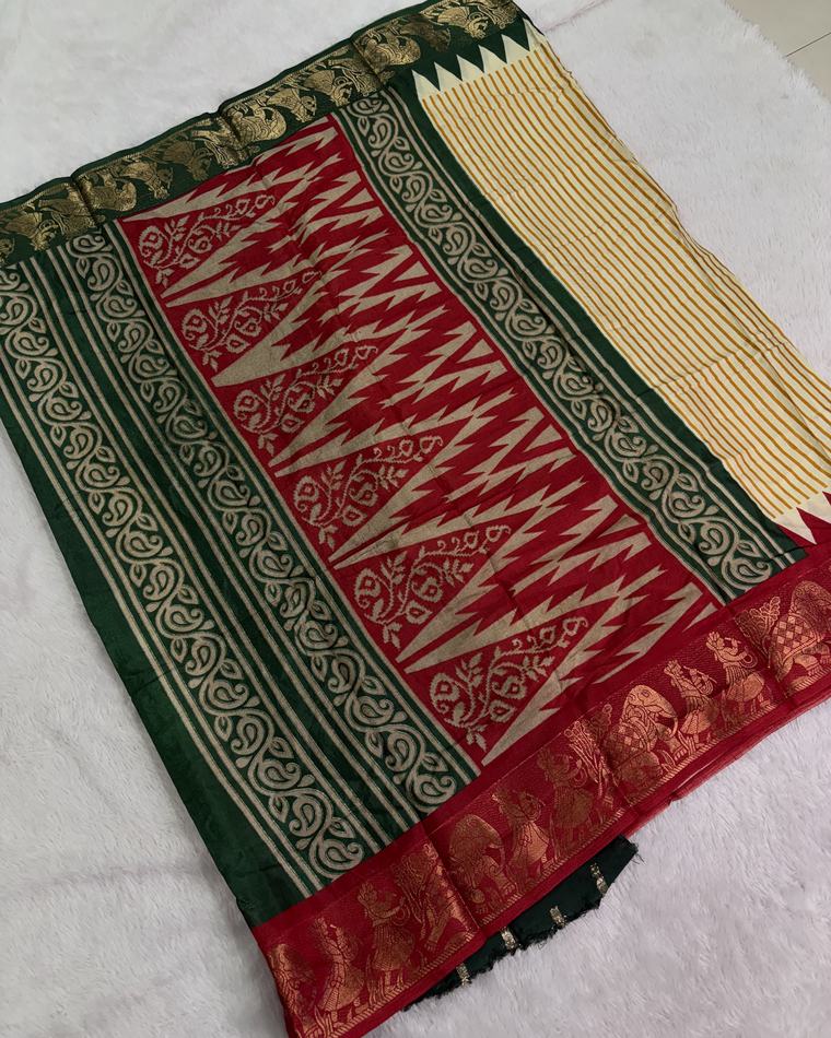 Cream Green Red Crepe Silk Saree with Ganga Jamuna Border
