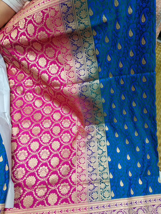A Canvas of Dreams: Handwoven Tales of Pink and Blue in Katan Banarasi Saree