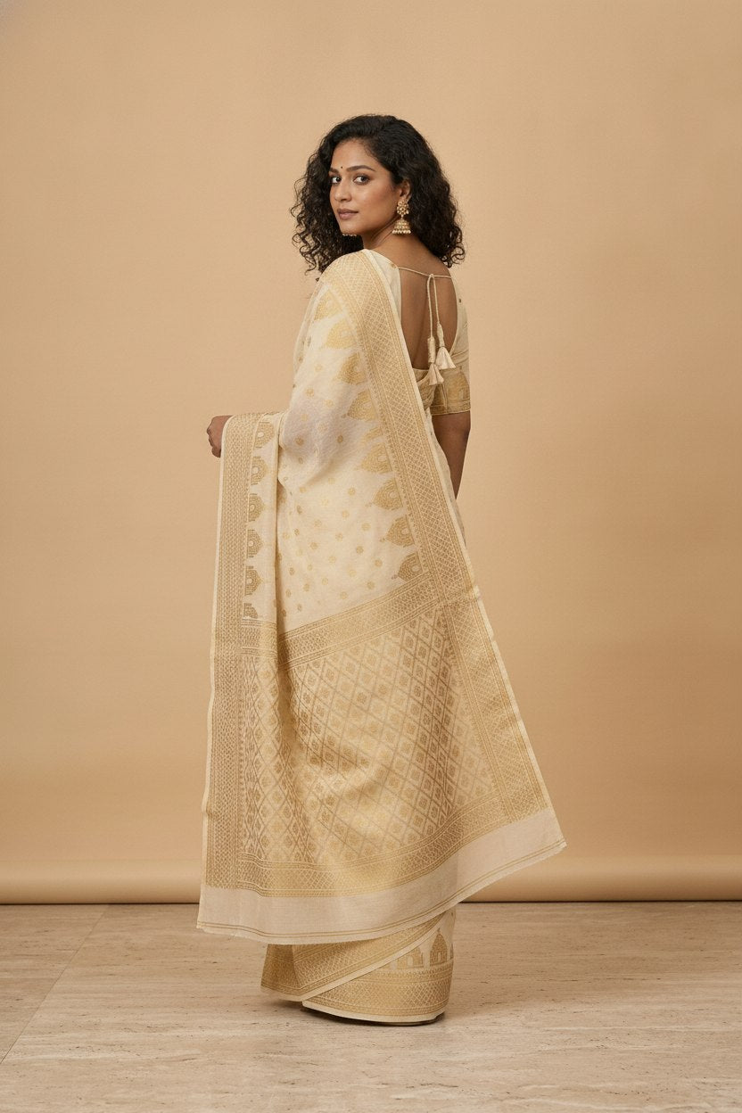 Dhakai Jamdani Saree with Bomkai-Style Border in Cream Gold