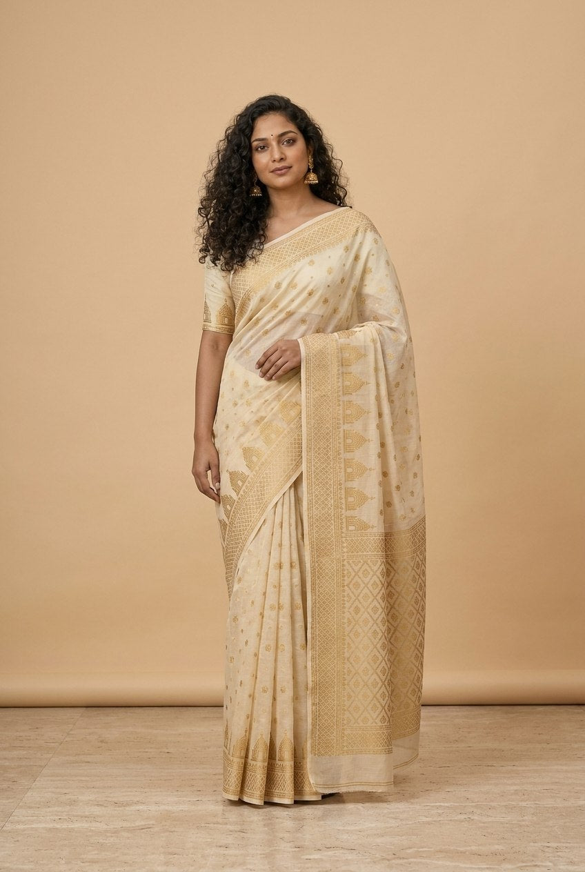 Dhakai Jamdani Saree with Bomkai-Style Border in Cream Gold