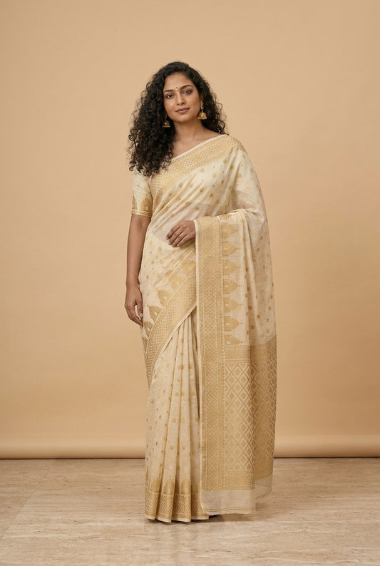 Dhakai Jamdani Saree with Bomkai-Style Border in Cream Gold
