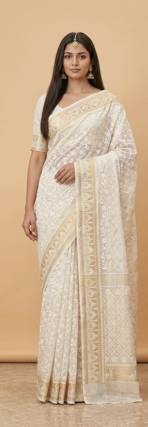 Dhakai Jamdani Saree with Bomkai-Style Border in Ivory