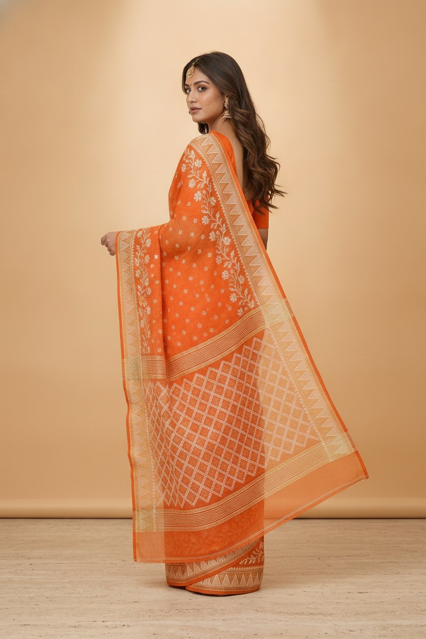 Dhakai Jamdani Saree with Bomkai-Style Border in Orange