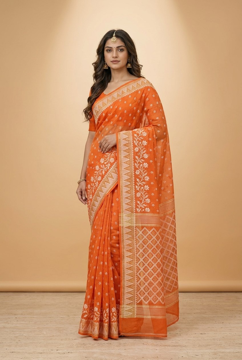 Dhakai Jamdani Saree with Bomkai-Style Border in Orange