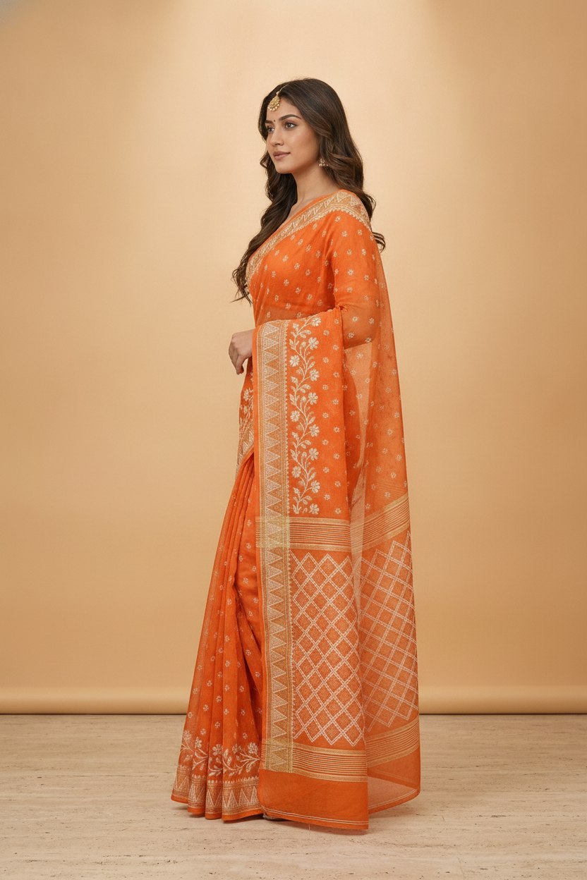 Dhakai Jamdani Saree with Bomkai-Style Border in Orange